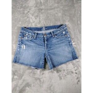 7 For All Mankind Cut Off Shorts In Ocean MIst Womens 28 Blue Denim Whiskers